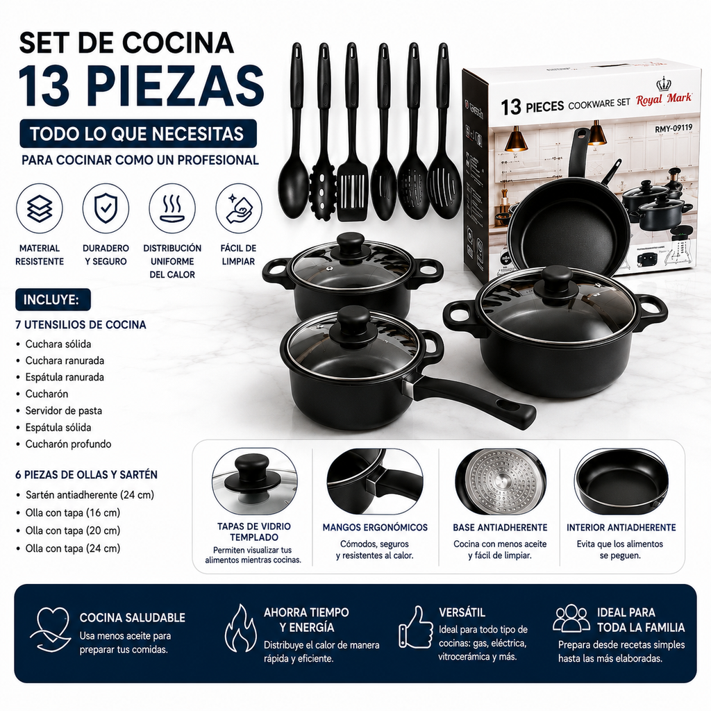 Juego De Ollas 13 Piezas Antiadherente Color Negro