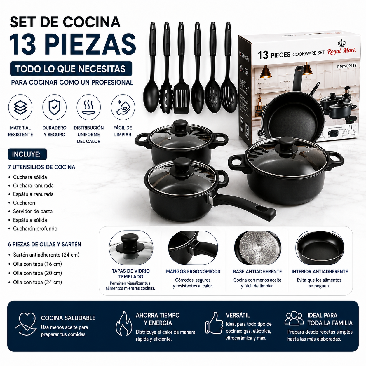 Juego De Ollas 13 Piezas Antiadherente Color Negro